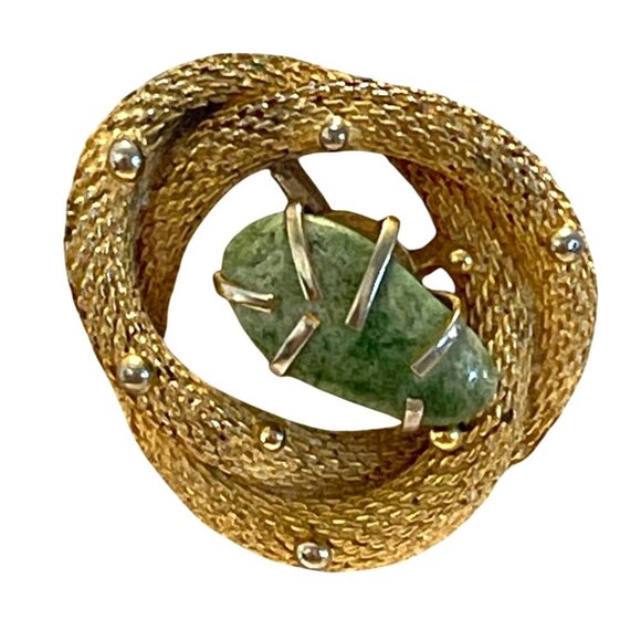 BSK Vintage Pin Textured Twisted Rope Knot Gold-Tone Brooch Green Stone Agate - Picture 1 of 9